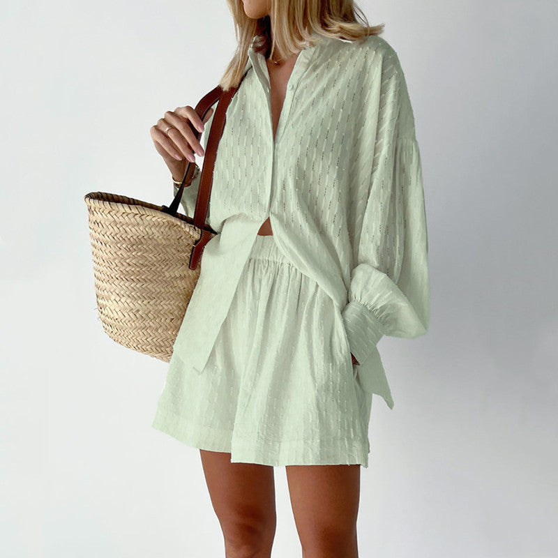 Damen lässiges Hemd-Shorts-Set mit elegantem Webmuster EB