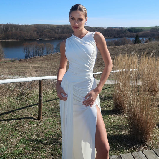 Damen Elegantes langes Kleid mit drapiertem Rock und seitlichem Schlitz EB