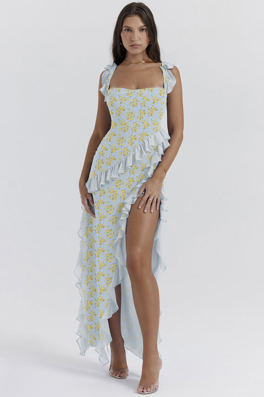 Damen Maxi-Kleid mit Rüschendetails und floralem Design EB