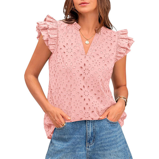 Damen Bluse mit Rüschenärmel und floralem Lochmuster EB