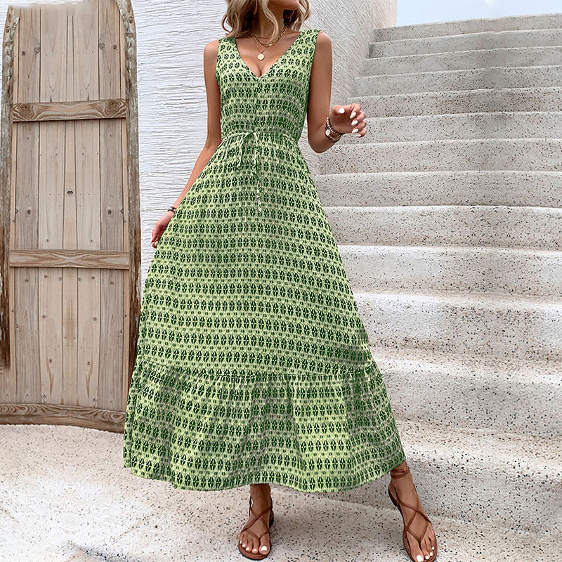 Damen Maxikleid mit V-Ausschnitt und raffiniertem Bindegürtel EB