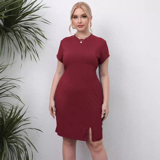 Damen elegantes Kurzarm-Kleid mit seitlichem Schlitz EB