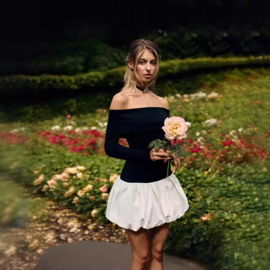 Damen Off-Shoulder Minikleid mit langen Ärmeln und elegantem Rüschensaum EB