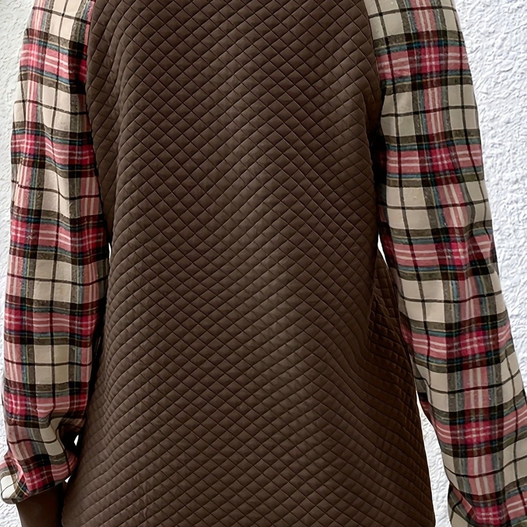 Damen modischer Sweatshirt mit originellem Karomuster und strukturiertem Oberteil EB