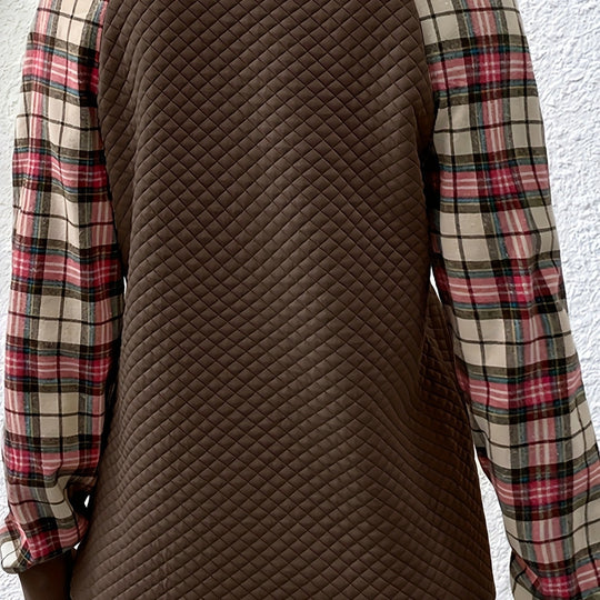 Damen modischer Sweatshirt mit originellem Karomuster und strukturiertem Oberteil EB