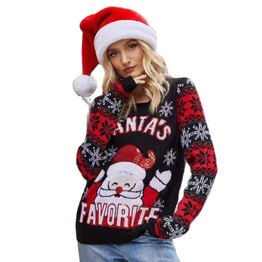 Damen Weihnachtspullover mit festlichem Santa-Motiv und glänzenden Details EB