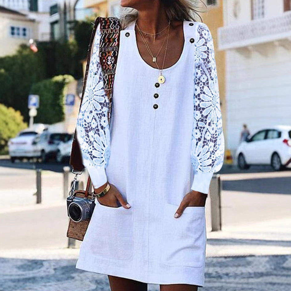 Damen Sommerkleid mit eleganten Spitzenärmeln und praktischen Taschen Heidi-Mode