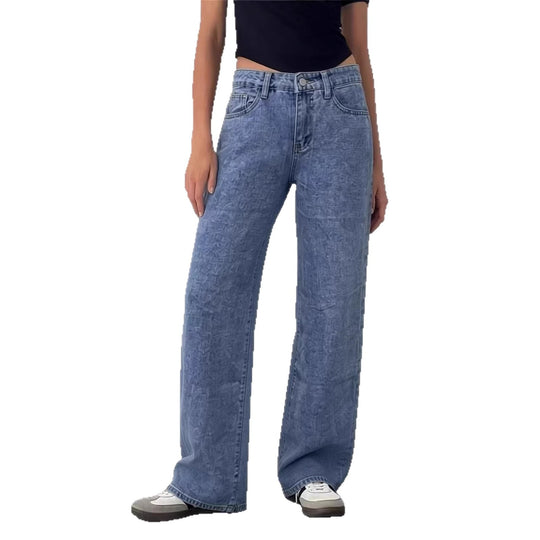 Damen Weite High-Waist Jeans mit klassischem Schnitt und ausgefransten Säumen EB