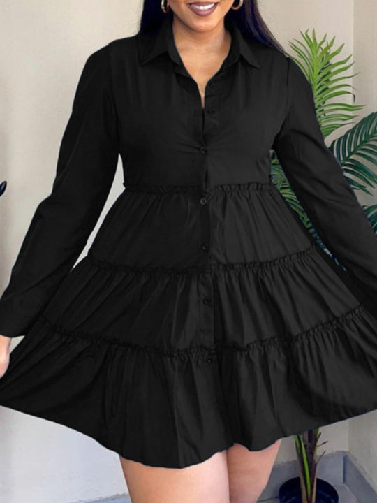 Damen Hemdblusenkleid mit voluminösem Saum und langen Ärmeln EB