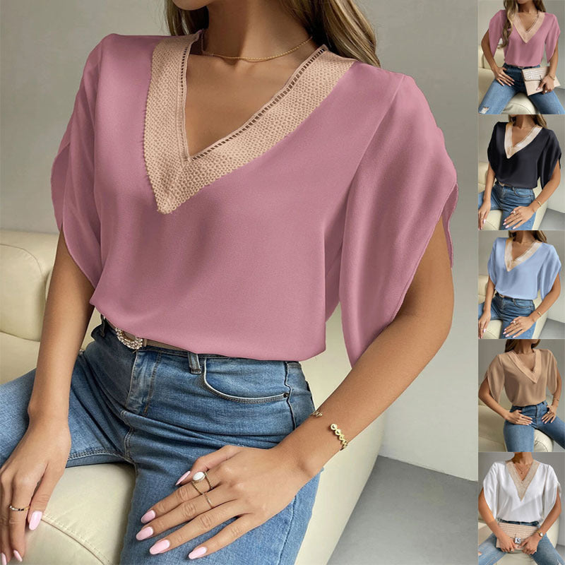 Damen elegantes V-Ausschnitt Oberteil mit dekorativen Details EB
