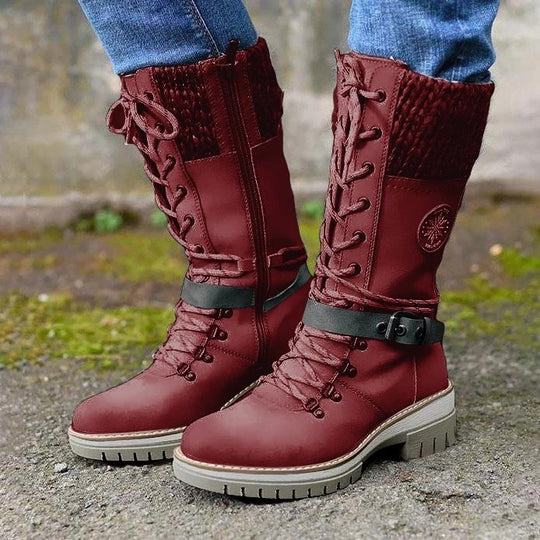 Damen nan gefütterte Schnürstiefel mit gestricktem Schaftbund, dekorativem Schnallenriemen und profilierter Gummisohle EB