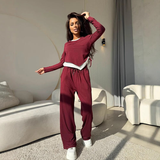 Damen lässiges Freizeit-Set mit Knopfdetails und elastischem Bund EB