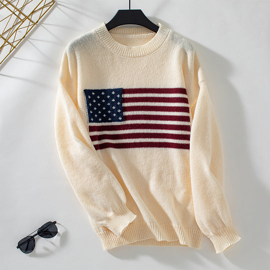 Damen Strickpullover mit Flaggenmotiv und Rundhalsausschnitt EB
