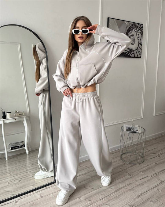 Damen nan Kapuzenjacke und weite Jogginghose Set mit kontrastnähten EB