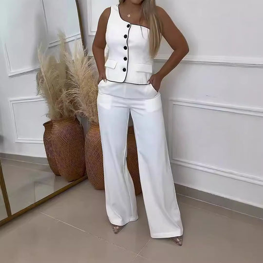 Damen Elegantes Zweiteiliges Outfit mit Schmuckknöpfen und weit geschnittenen Hosen EB