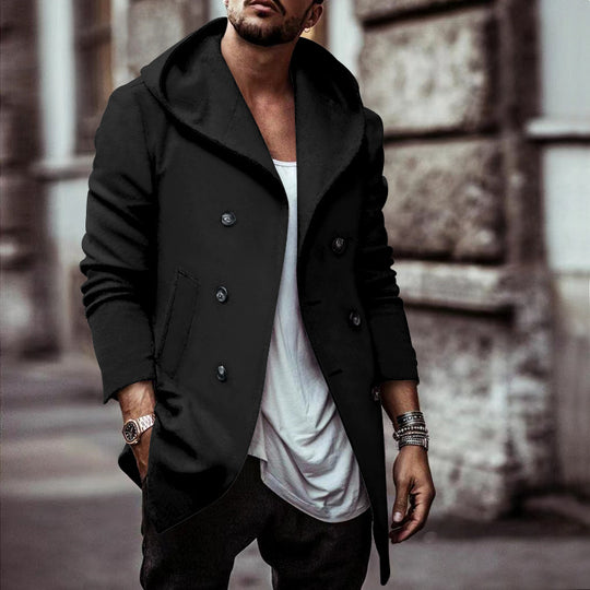 Herren stylischer Hoodie-Mantel mit doppelter Knopfreihe und weitem Kragen EB
