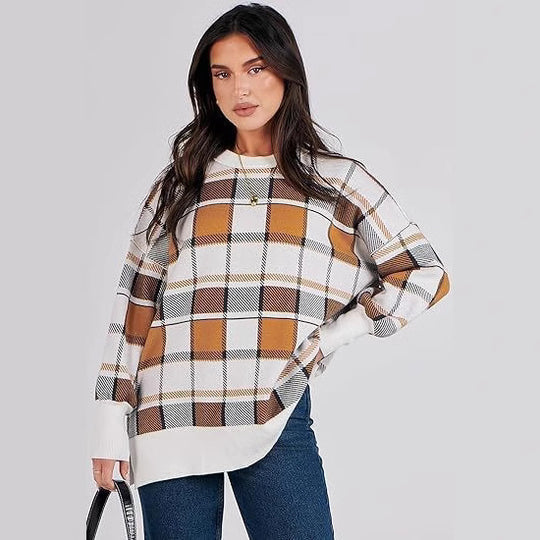 Damen oversized Pullover mit Karomuster und lässigem Schnitt EB
