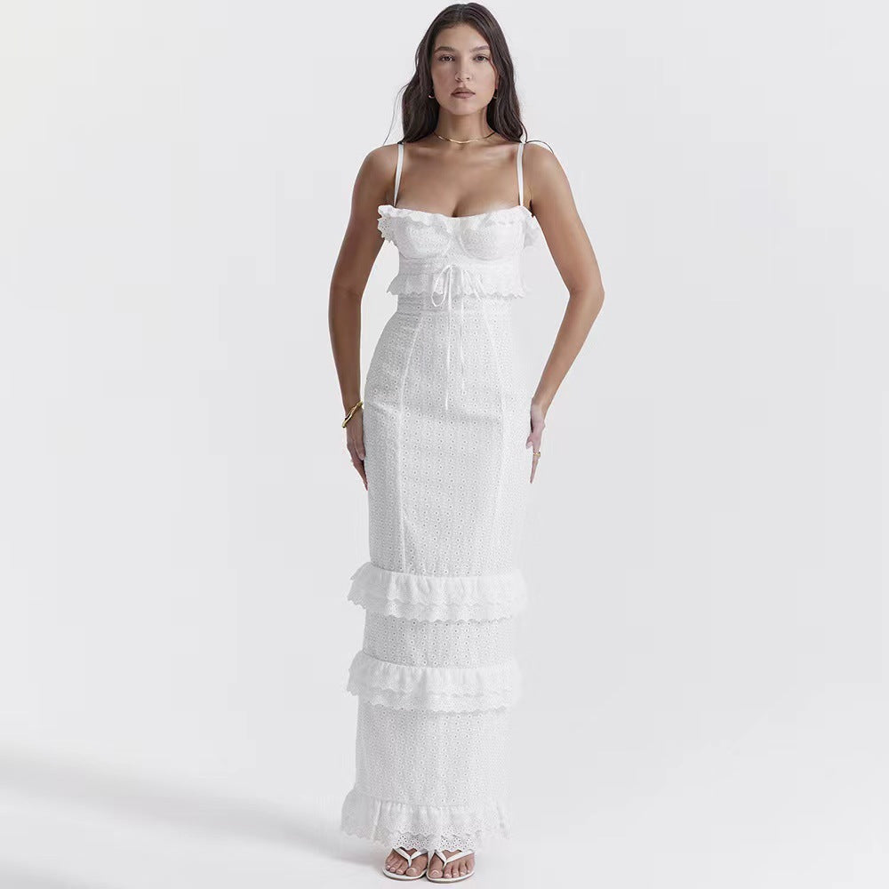 Damen elegantes Spitzen-Maxikleid mit Rüschendetails und schmalen Spaghettiträgern EB