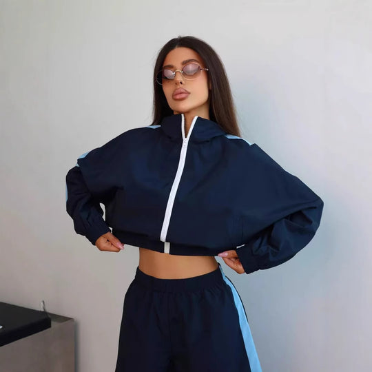 Damen sportliches Windbreaker-Set mit elastischem Bund und stylischen Kontraststreifen EB
