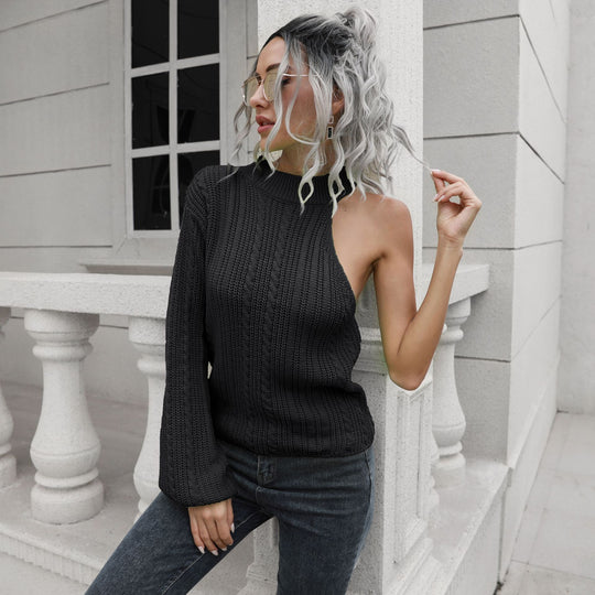 Damen Strickpullover mit asymmetrischem Ausschnitt und hohem Kragen EB