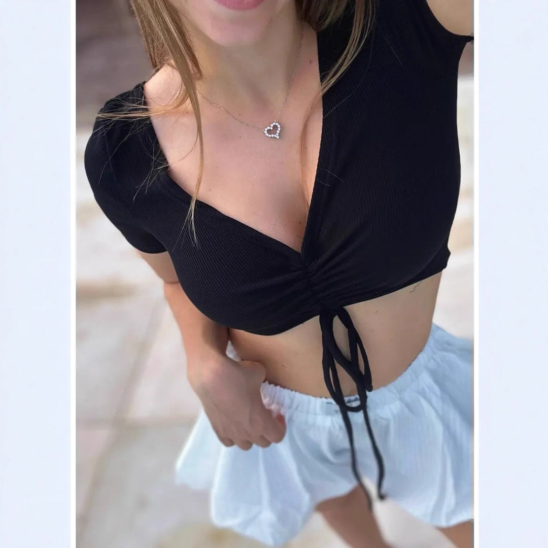 Damen Crop-Top mit modischem Raffungselement und Kordelzug EB