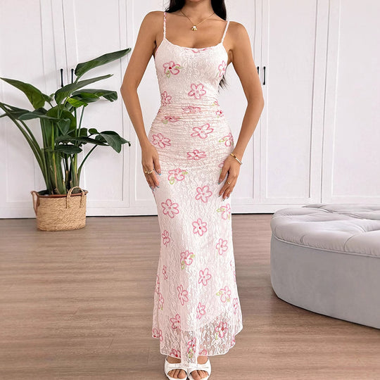 Damen Maxikleid mit floralem Spitzenmuster und verstellbaren Trägern EB
