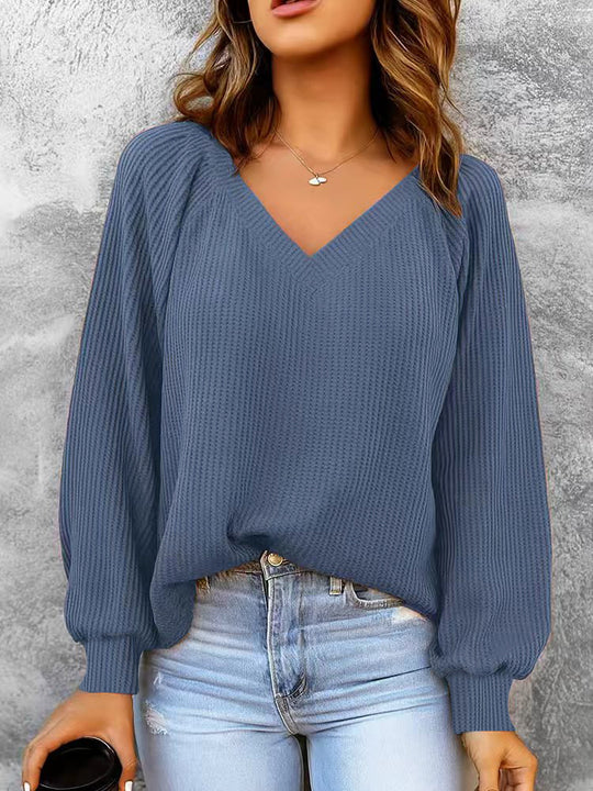 Damen Feinstruktur-Strickpullover mit V-Ausschnitt, Ballonärmeln und Rippbündchen EB