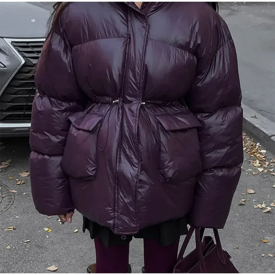 Damen modische oversized Daunenjacke mit Taillengürtel und seitlichen Taschen EB
