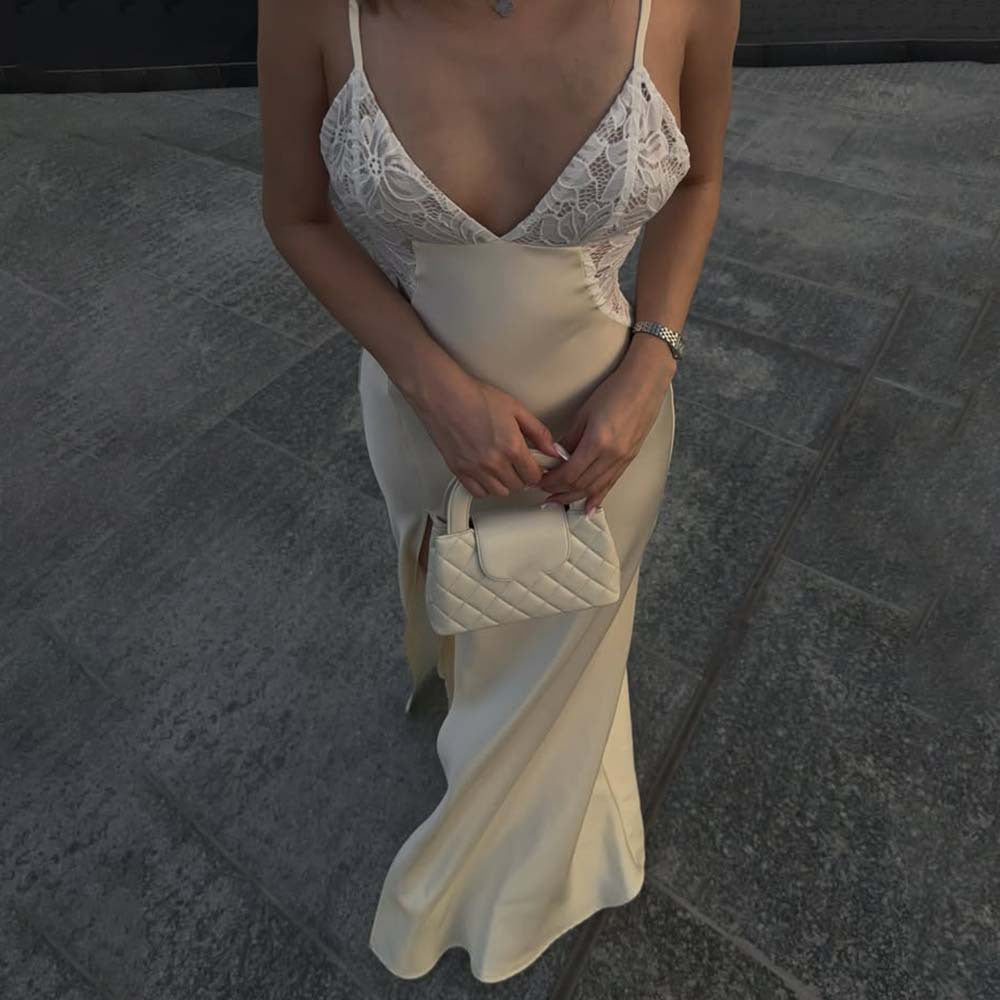 Damen Elegantes Maxikleid mit Spitzenbesatz EB