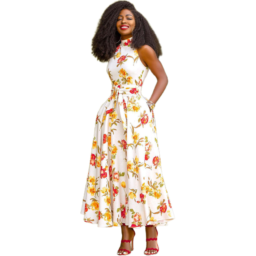 Damen Maxikleid mit floralem Design und elegantem Gürtel EB