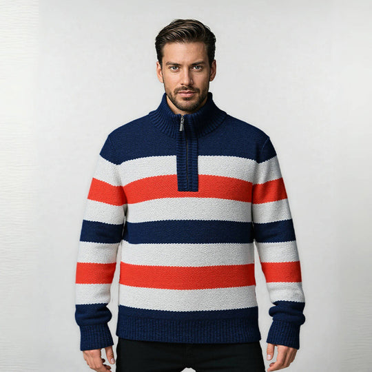 Herren Pullover mit hohem Kragen und strukturiertem Streifenmuster EB
