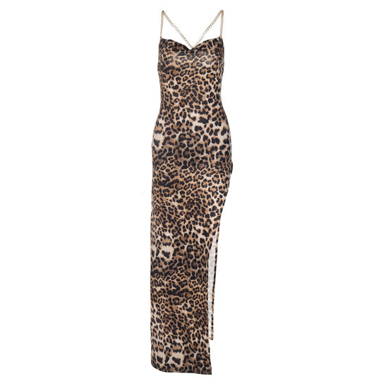 Damen Maxikleid mit verführerischem Leopardenmuster und tiefem Schlitz EB