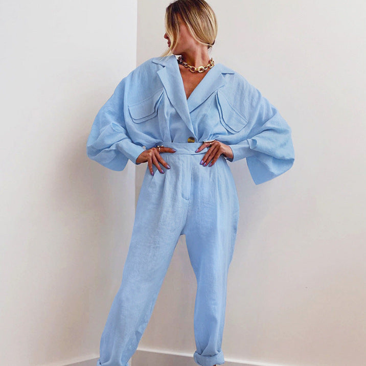 Damen Modisches Oberteil und Hose Set mit voluminösen Ärmeln EB