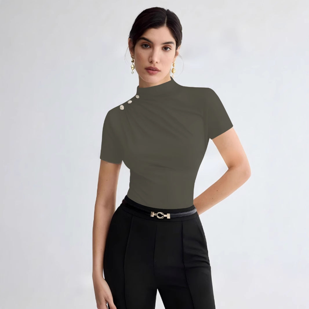 Damen elegantes Oberteil mit dekorativen Knopfdetails und modernem Stehkragen EB