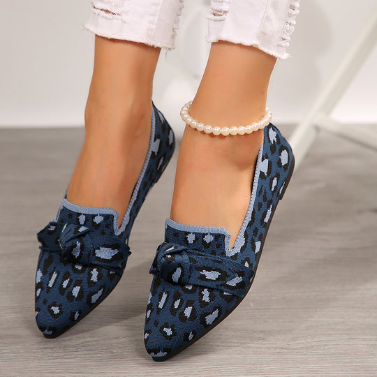 Damen  spitze Slipper aus gestricktem Animal-Print mit dekorativer Schleife und gepolstertem Komfortfußbett EB