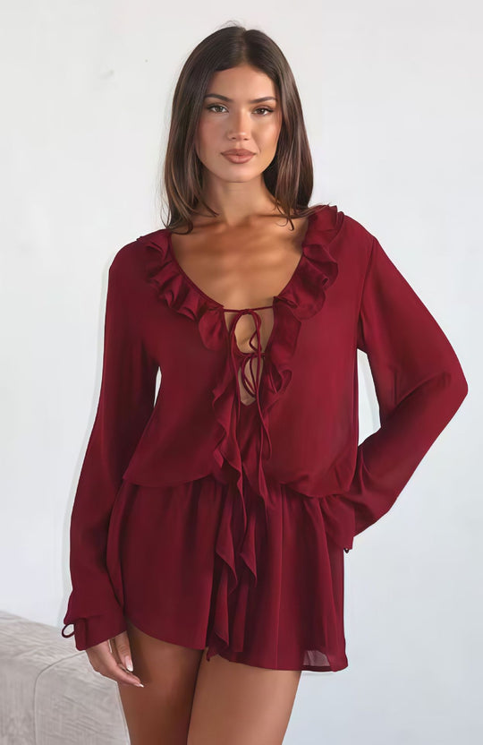 Damen Chiffonbluse mit eleganter Rüschendekoration und tiefem V-Ausschnitt EB