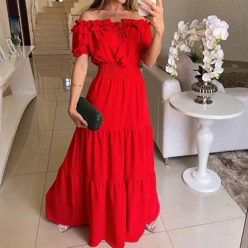 Damen Maxikleid mit Schulterfreiem Design und Voluminösen Rüschen EB