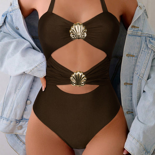 Damen Hochwertiger Einteiler Badeanzug mit stilvollem Wickeldesign und dekorativem Muschel-Detail EB