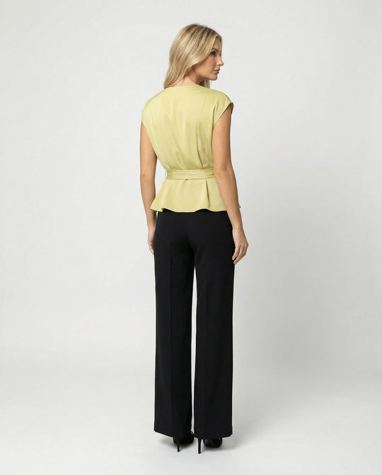Damen Mode elegantes zweiteiliges Büro-Ensemble Wickelbluse mit Taillengürtel und weiter Marlenehose EB