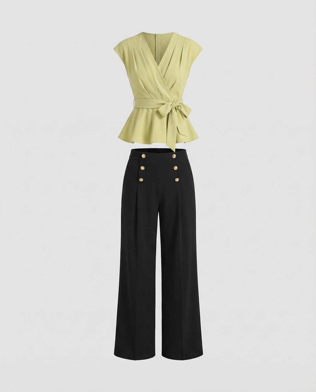 Damen Mode elegantes zweiteiliges Büro-Ensemble Wickelbluse mit Taillengürtel und weiter Marlenehose EB