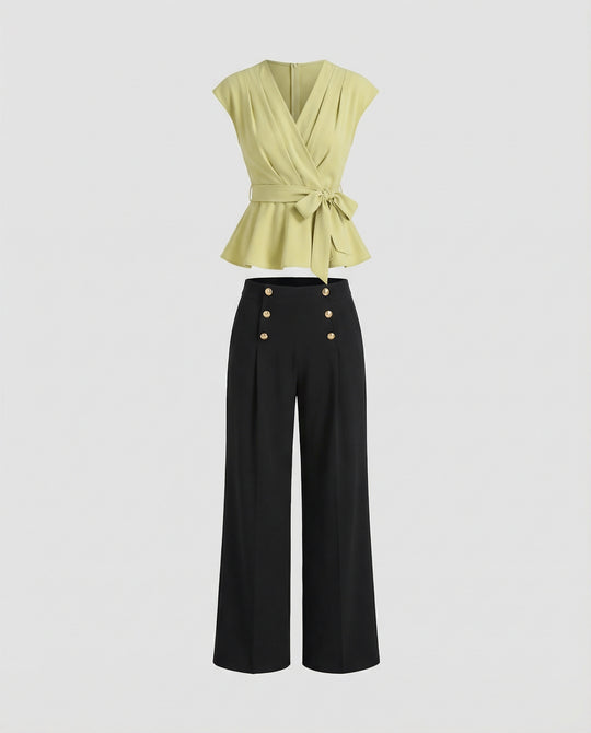 Damen Mode elegantes zweiteiliges Büro-Ensemble Wickelbluse mit Taillengürtel und weiter Marlenehose EB