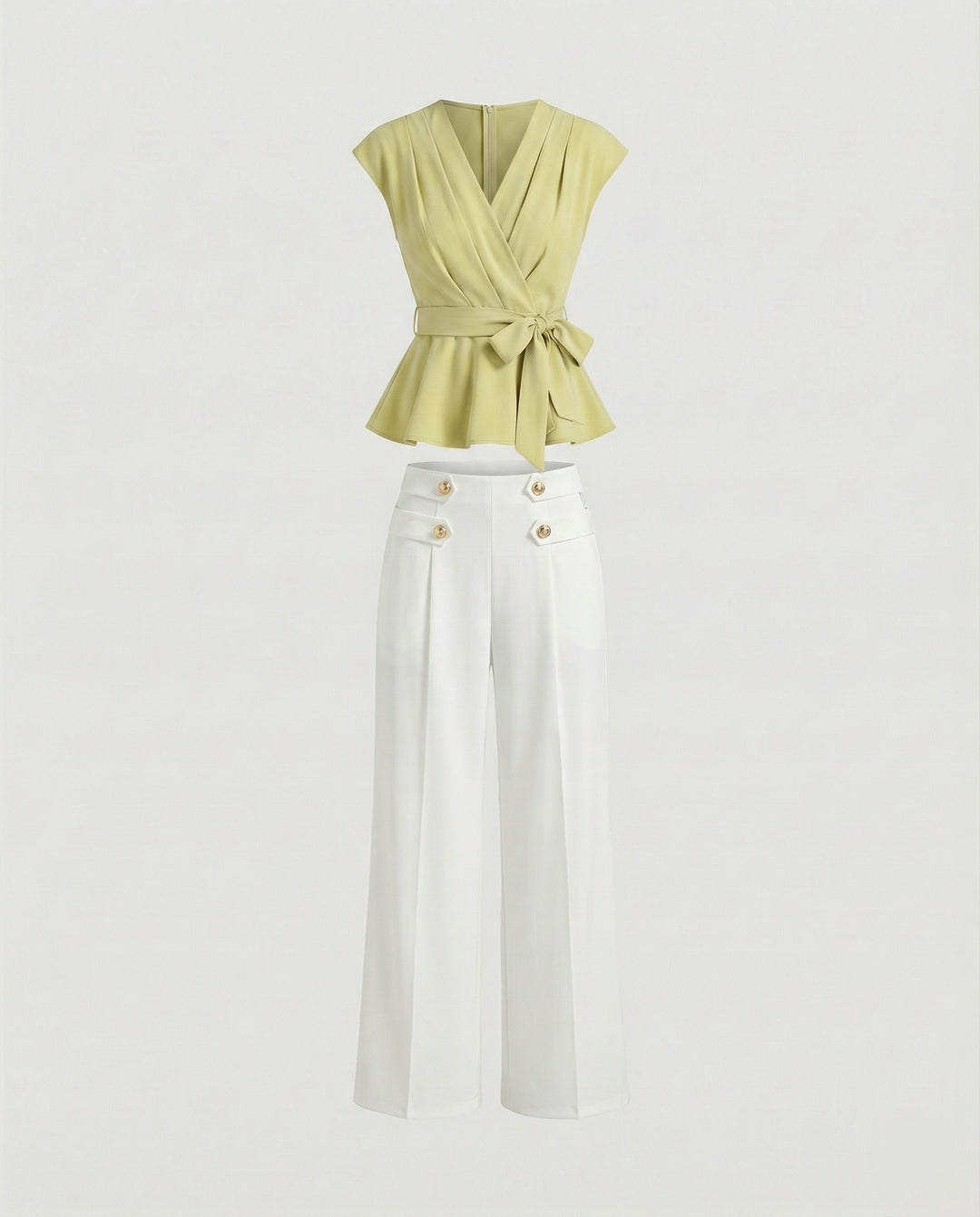 Damen Mode elegantes zweiteiliges Büro-Ensemble Wickelbluse mit Taillengürtel und weiter Marlenehose EB