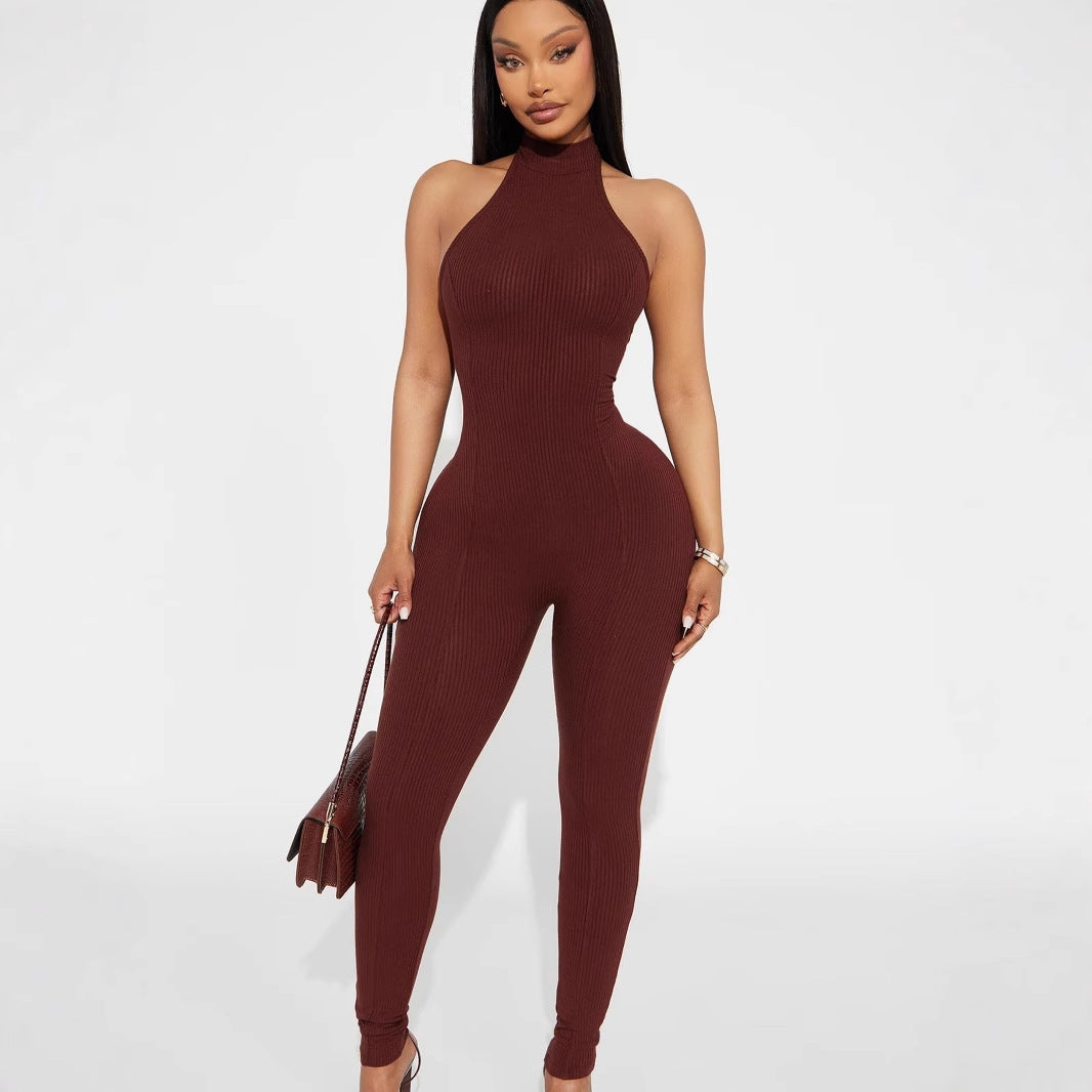 Damen figurbetonter Jumpsuit mit hohem Kragen und Rippstruktur EB