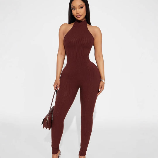Damen figurbetonter Jumpsuit mit hohem Kragen und Rippstruktur EB