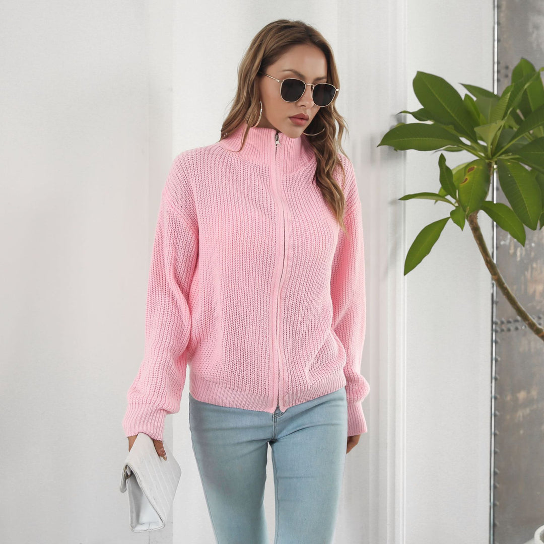 Damen lässiger Strickpulli mit hohem Kragen und Reißverschluss EB