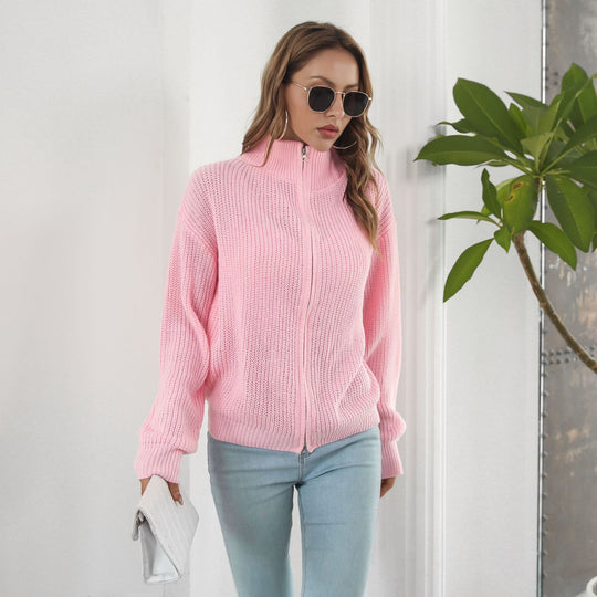 Damen lässiger Strickpulli mit hohem Kragen und Reißverschluss EB