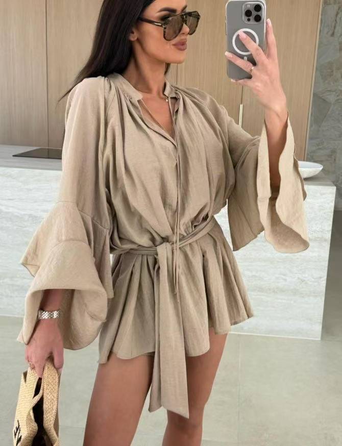 Damen lässiges Kaftan-Kleid mit voluminösen Ärmeln und Taillengürtel EB