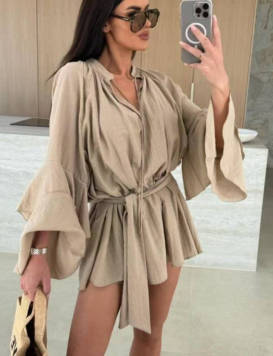 Damen lässiges Kaftan-Kleid mit voluminösen Ärmeln und Taillengürtel EB