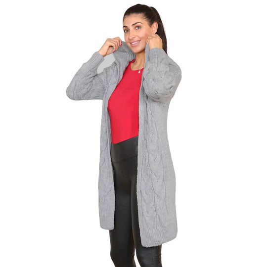 Damen Strickmantel mit Kapuze und kunstvollem Zopfmuster EB