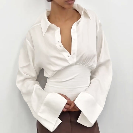 Damen nan taillierte Cropped-Bluse mit Hemdkragen und breitem Stretchbund EB